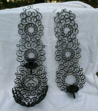 Vintage Black Wrought Iron Scrolled Candle Holders Wall Sconce Very Ornate