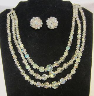 Vintage 3 Strand Clear Aurora Borealis Crystal Necklace & Earrings Set Germany