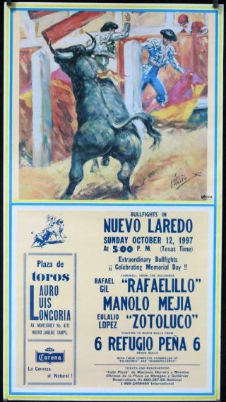 Bf29 1997 Vintage Bullfight Poster From Mexico,  Rafael Gil " Rafaelillo "