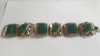 Vintage Mexican Sterling Silver Bracelet With Carved Green Stones (jade)