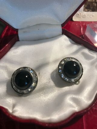 Vintage Art Deco Black And White Glass Clip On Earrings Silver Tone Metal