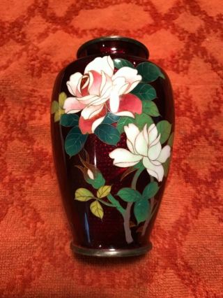 Vintage Japanese Red Pigeon Blood Cloisonne Enamel Vase With Flowers 5 3/4” Tall