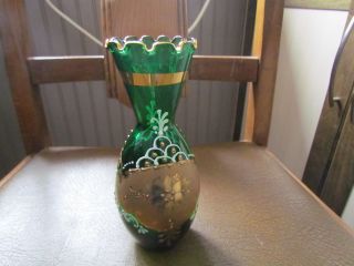 Vintage Murano Green & Gold Painting Glass Vase - Made In Italy