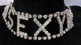 Vintage 1980s Rhinestone Collar Choker Necklace Sexy Letter Statement Necklace
