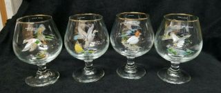 Vintage Ned Smith Art Glasses Brandy Snifters Ducks Gold Rimmed Glass Set Of 4