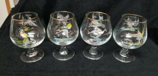 Vintage Ned Smith Art Glasses Brandy Snifters Ducks Gold Rimmed Glass Set of 4 2