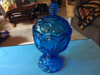Vintage L.  E.  Smith 8 " Tall Blue Glass Compote Candy Dish W/lid Moon And Stars