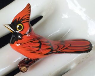 Vintage Carved Takahashi Style Hand Painted Lacquered Red Bird Wood Pin