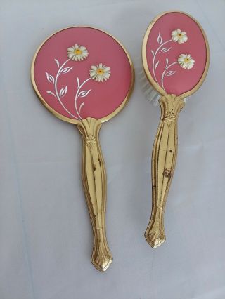 Vintage Handheld Mirror Brush Set Pink With Daisies Ht