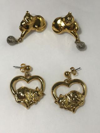 Vintage Cat Kitten Earrings Gold Tone Avon Heart & Dangly Yarn Ball 2 Pair
