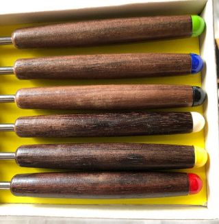 Vtg 1960s Set (6) Stainless Fondue Forks.  Multi Colored/wood Handles.  10 " Japan.