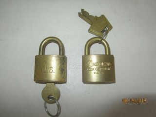 Vintage American Lock Co.  Brass U.  S.  Set Military Footlocker Padlock & Keys