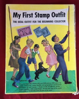 Vintage 1952 " My First Stamp Outfit " Stamp Collecting Kit / Book With Stamps