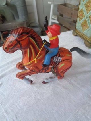 Vintage Mtu Wind Up Tin Horse With Riding Cowboy Korea