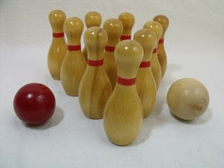Vintage Small Wooden 4 " Bowling Set (10) Pins (2) Balls