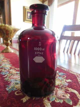 Vintage Kimax - 34 Apothecary Bottle Ruby Red 1000 Ml With Stopper.  Rare