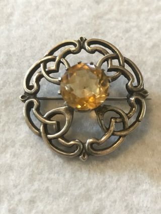 Lovely Vintage Scottish Citrine Glass Sterling Silver Brooch Pin