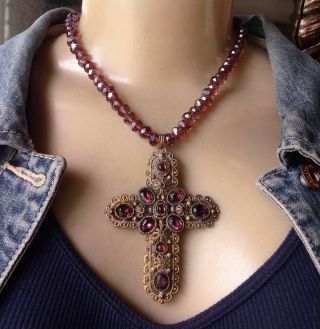 Vintage Cross Necklace Signed England Glass Purple Rhinestone Pendant