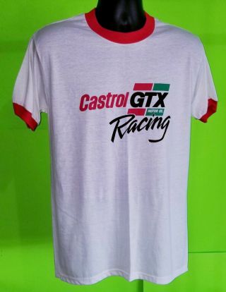 Vtg 80s Castrol Gtx Racing Ringer Shirt Ford Chevrolet Motor Oil - L Paper Thin