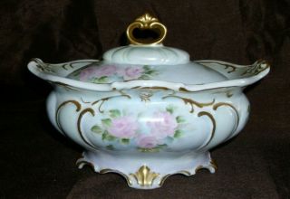 Vintage Porcelain Plate Hand Painted Bavaria Germany Floral Oblong Covered Bowl
