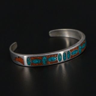 Vtg Sterling Silver - Navajo Turquoise Coral Inlay 6 " Cuff Bracelet - 19.  5g