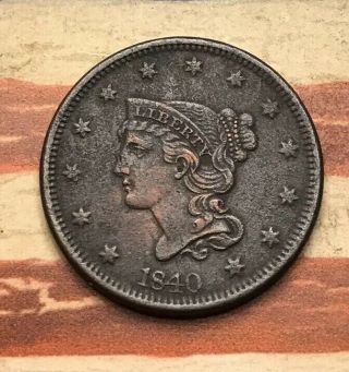 1840 1c Braided Hair Large Cent Vintage Us Copper Coin Fh4 Very Sharp Wow
