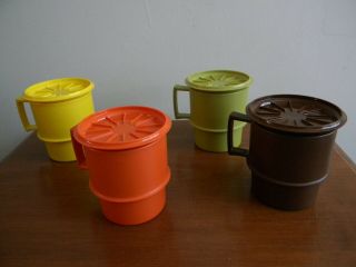 8 Pc Vintage Tupperware Harvest Mugs With Lids/coasters