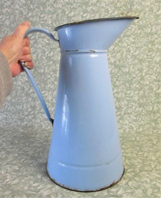 Vintage French Large Pale Blue Enamel Water Pitcher Watertight Enamelware Jug