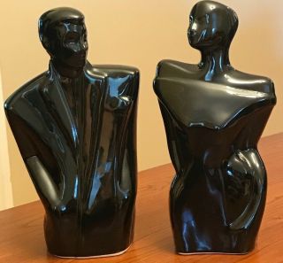 Vtg Retro Black Ceramic Man Woman Art Statues Busts Art Deco 10 " X 5 " X 3 "