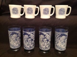 Vtg Currier And Ives.  4 Tumblers 4 Atlas Fire King Mugs Euc