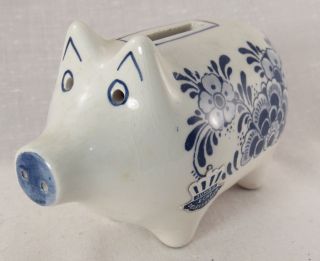 Vintage Blue White Delft Pottery Small Holland Hand Painted Piggy Pig Bank