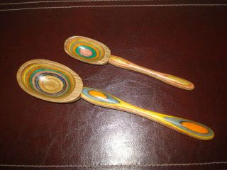 Vintage Mcm 2 - Piece Mr.  Dudley Rainbow Rasta Wood Mixing/measuring Spoons