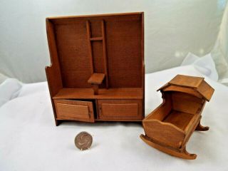 Dollhouse Miniature Vintage Wooden Crib And Bench
