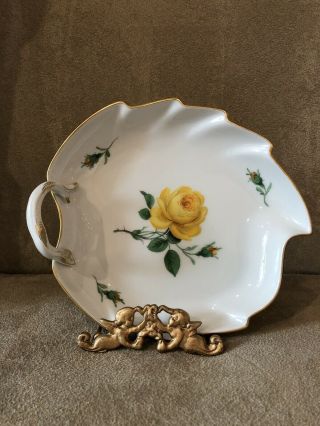 Vintage Meissen Handpainted Yellow Rose Leaf Shape Large Candy Dish Handle Bowl