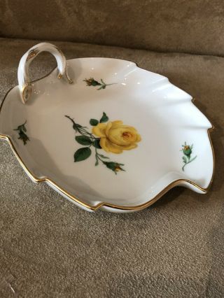 Vintage Meissen Handpainted YELLOW Rose Leaf Shape Large Candy Dish Handle Bowl 3