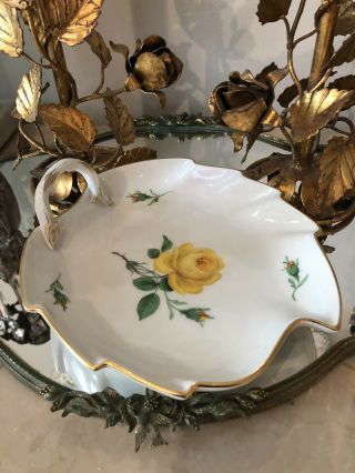 Vintage Meissen Handpainted YELLOW Rose Leaf Shape Large Candy Dish Handle Bowl 6