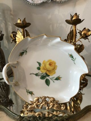 Vintage Meissen Handpainted YELLOW Rose Leaf Shape Large Candy Dish Handle Bowl 8