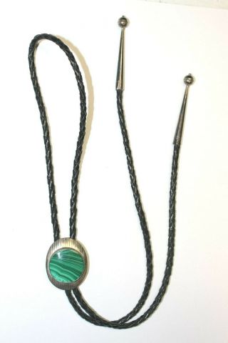 Vintage Sterling Silver Black Leather Rope Malachite Mens Bolo Tie Necklace