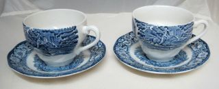 Pair 2 Vintage Liberty Blue England Tea Cups & Saucers Old North Church Paul R