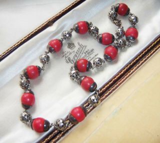 Vintage 1930s Red Galalith Chrome Art Deco Machine Age Necklace By Jakob Bengel