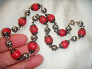 VINTAGE 1930s Red GALALITH CHROME ART DECO MACHINE AGE NECKLACE by JAKOB BENGEL 3