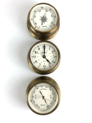 Vintage Bulova Brass Weather Instruments Barometer Clock Thermometer 5” German
