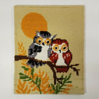 Vintage 70s Owl Needlepoint Ready For Framing