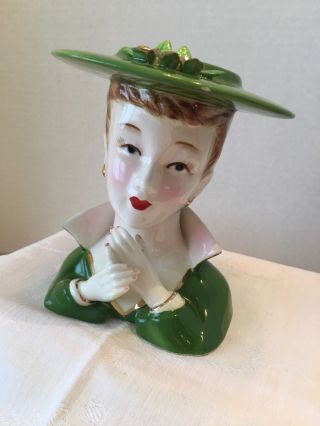 Vintage Lefton Lady Head Vase Green Dress & Hat /clasped Hands 70565 Paper Label