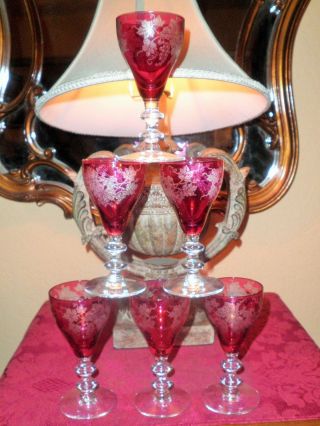 Vintage Made In America Ruby Red Cut To Clear Crystal Goblets