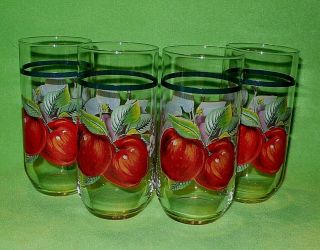 Set Of 4 Vintage Tall Clear Drinking Glasses W/ Vivid Apples & Blossoms.  5 7/8 H
