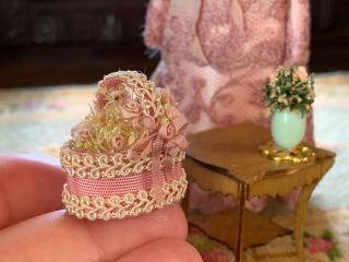 1990s Miniature Dollhouse Artisan Victorian Silk Lace Basket Dried Flowers Vase
