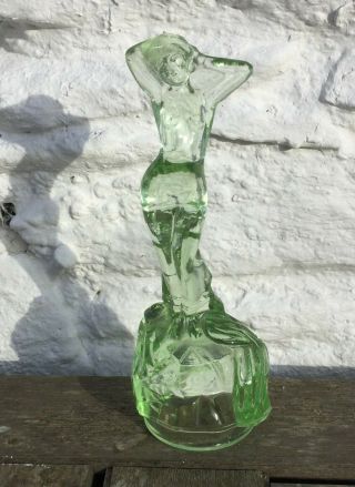 Vintage Art Deco Bagley Glass Andromeda Green Glass Nude Lady Figurine