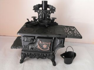 Vintage Crescent Cast Iron Mini Toy Stove With Accessories Large Version
