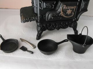 Vintage Crescent Cast Iron Mini Toy Stove With Accessories Large Version 3